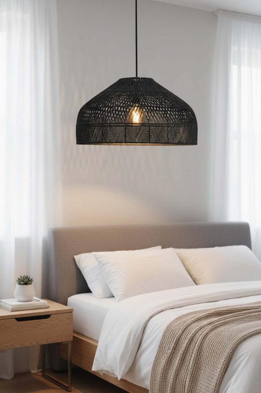 Bedside Black Rattan Wide Dome Pendant Light - Warm & Inviting Atmosphere