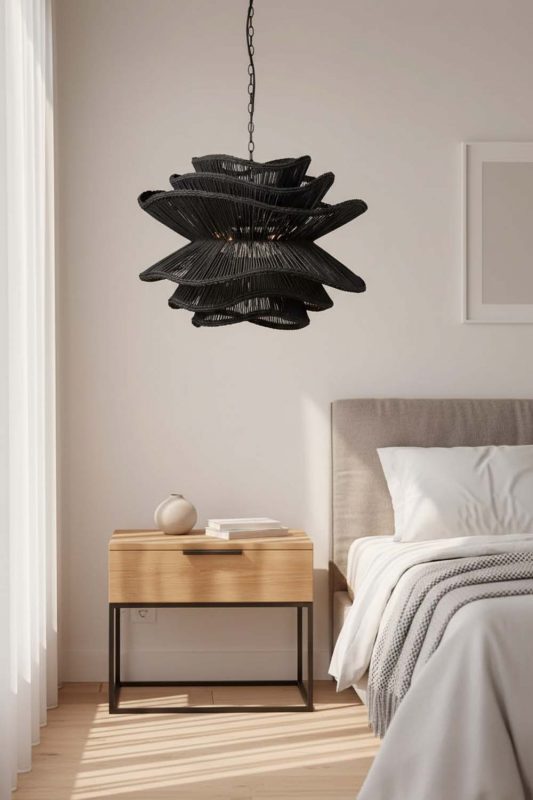 Bedside Black Vietnamese Flower Rattan Chandelier - Upscale & Stylish