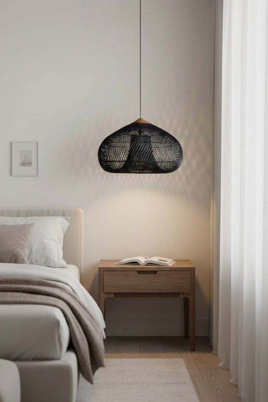Bedside Black Vintage Wood Rattan Pendant Light - Upscale & Stylish