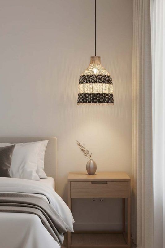 Bedside Black White Dome Rattan Pendant - Memorable Ambience