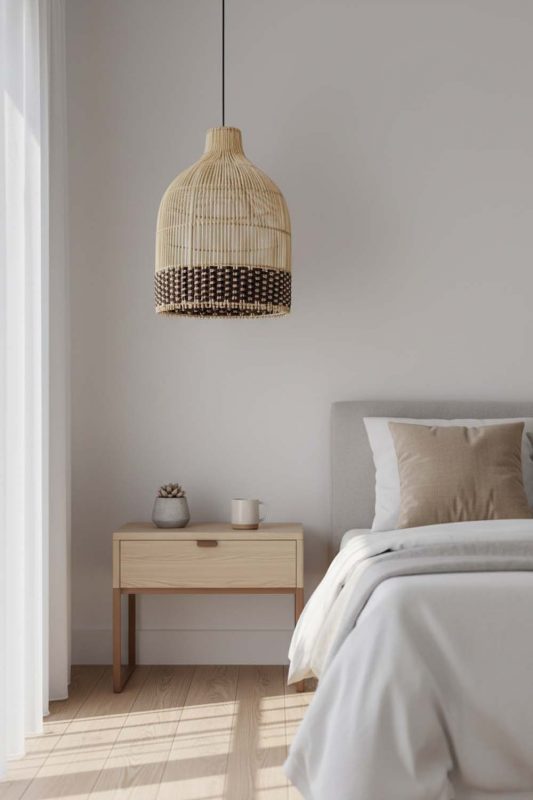 Bedside Bottom Dark Brown Wicker Bell Pendant Light - Upscale & Stylish
