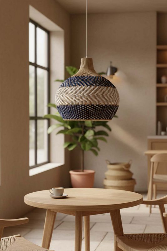 Blue White Rattan Pendant Light – Natural Dining Room Lighting Idea
