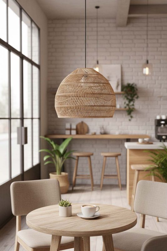 Coffee Shop Beige Rattan Cage Pendant Light - Aesthetic & Trendy