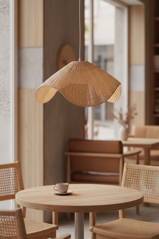 Coffee Shop Beige Rattan Wave Pendant Light - Elegant & Comfortable