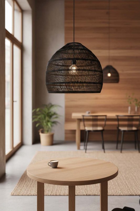 Coffee Shop Black Rattan Cage Pendant Light - Cozy & Inviting