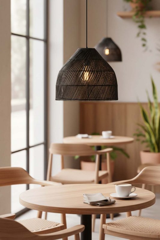 Coffee Shop Black Rattan Wide Dome Fixture - Warm & Relaxing