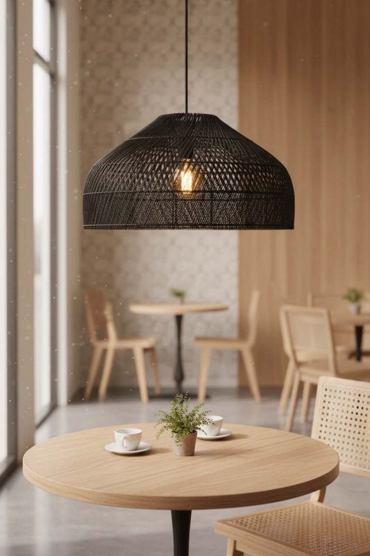 Coffee Shop Black Rattan Wide Dome Pendant Light - Warm & Relaxing