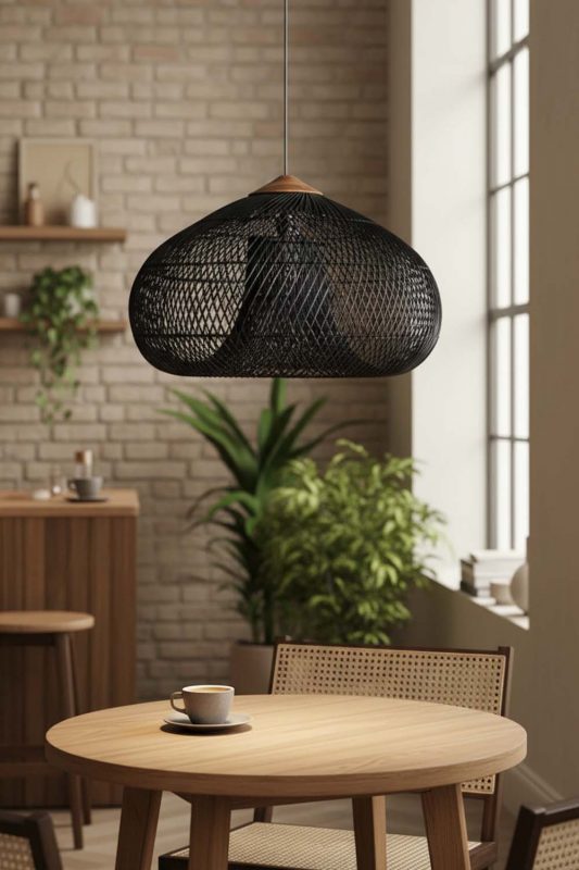 Coffee Shop Black Vintage Wood Rattan Pendant Light - Stylish & Modern