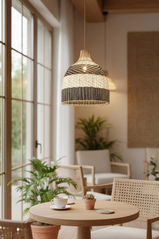 Coffee Shop Black White Dome Rattan Pendant - Aesthetic & Trendy