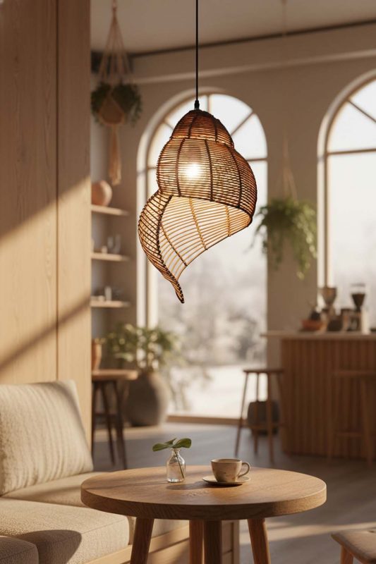 Coffee Shop Brown Rattan Spiral Pendant Light - Aesthetic & Trendy