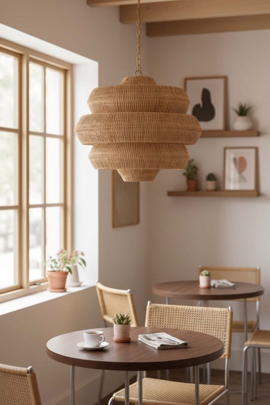 Coffee Shop Brown Tiered Rattan Chandelier - Warm & Relaxing
