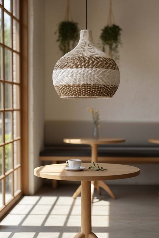 Coffee Shop Light Brown White Rattan Pendant Light - Warm & Relaxing