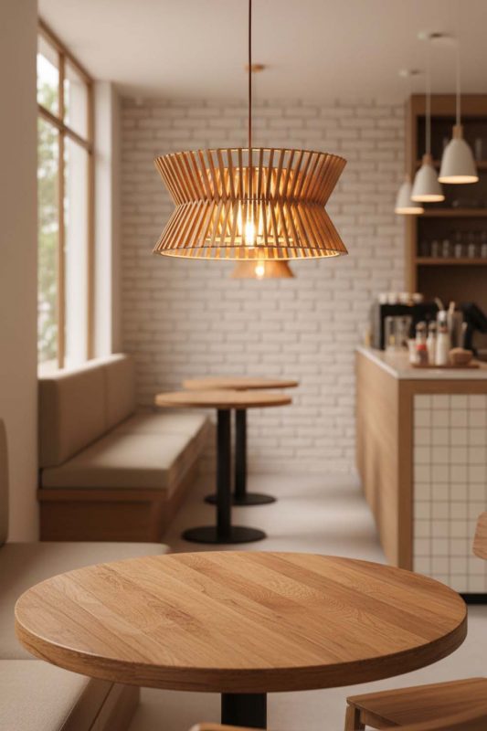 Coffee Shop Round Wood Slat Pendant Light - Elegant & Comfortable