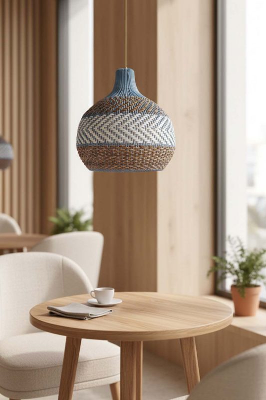Coffee Shop Tan Brown White Rattan Pendant Light - Cozy & Inviting