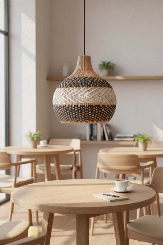 Coffee Shop White Gray Rattan Pendant Light - Cozy & Inviting