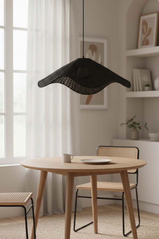 Dining Table Black Rattan Wave Pendant Light - Warm & Inviting