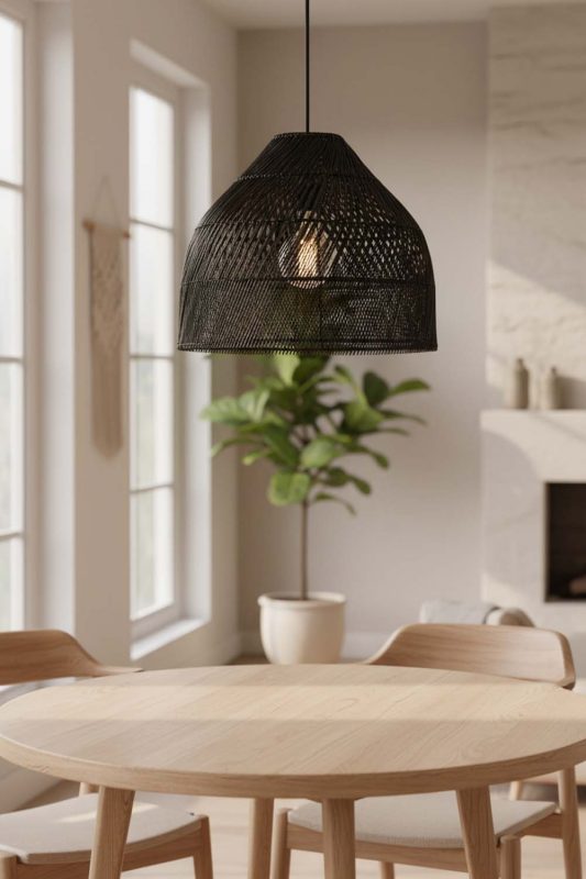 Dining Table Black Rattan Wide Dome Fixture - Soft & Relaxing