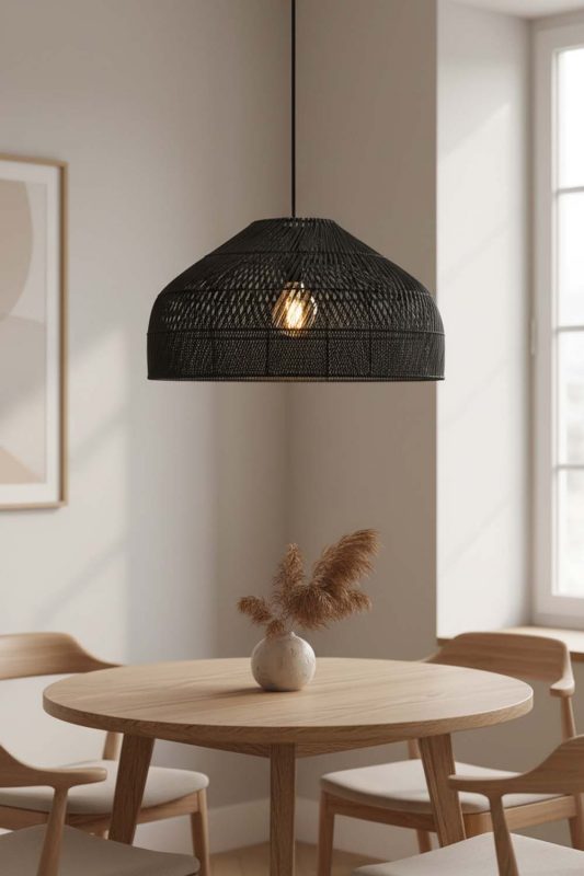 Dining Table Black Rattan Wide Dome Pendant Light - Soft & Relaxing