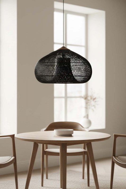 Dining Table Black Vintage Wood Rattan Pendant Light - Warm & Inviting