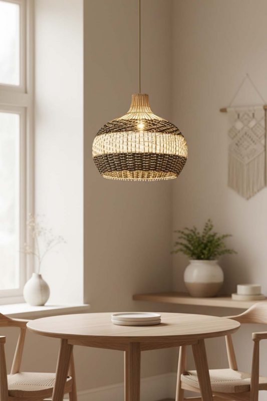 Dining Table Black White Round Rattan Pendant - Warm & Inviting