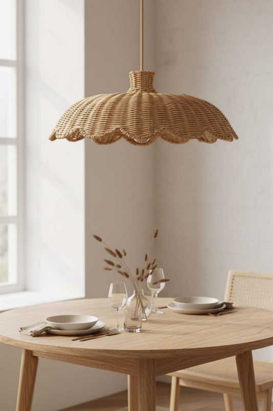 Dining Table Rattan Scalloped Lampshade - Warm & Inviting