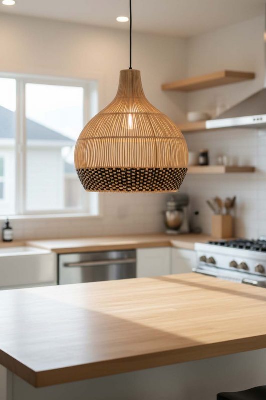Kitchen Island Bottom Black Rattan Pendant Light - Bright & Functional