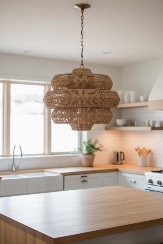 Kitchen Island Brown Tiered Rattan Chandelier - Clean & Modern Look