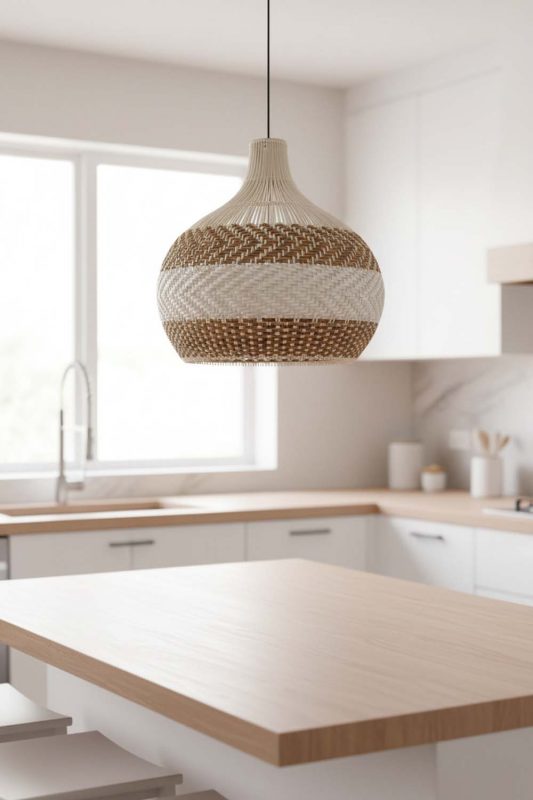 Kitchen Island Light Brown White Rattan Pendant Light - Clean & Modern Look