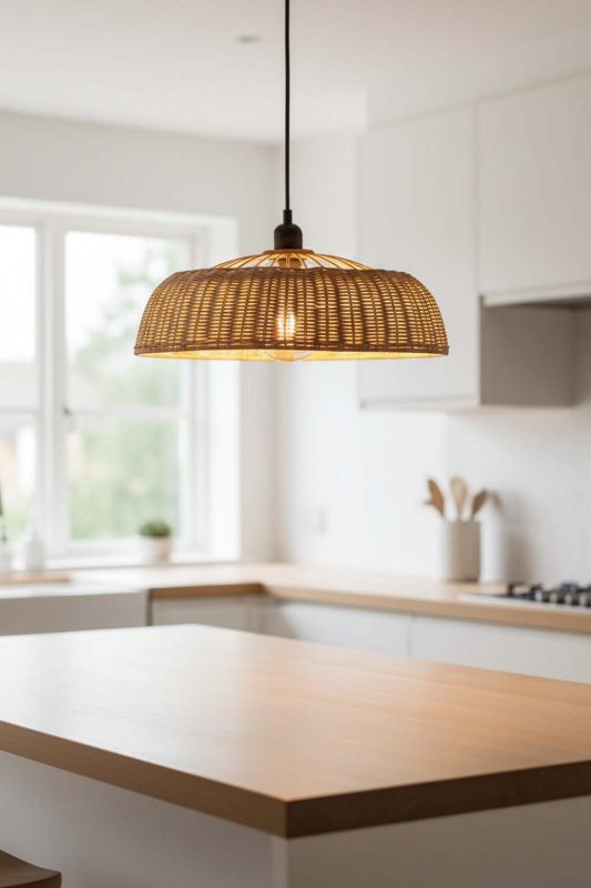 Kitchen Island Rattan Disc Pendant Light - Clean & Modern Look