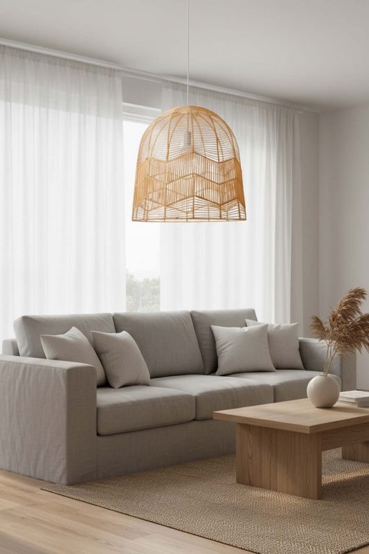 Living Room Beige Rattan Birdcage Pendant Light - Stylish & Modern