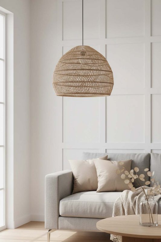 Living Room Beige Rattan Cage Pendant Light - Aesthetic & Trendy