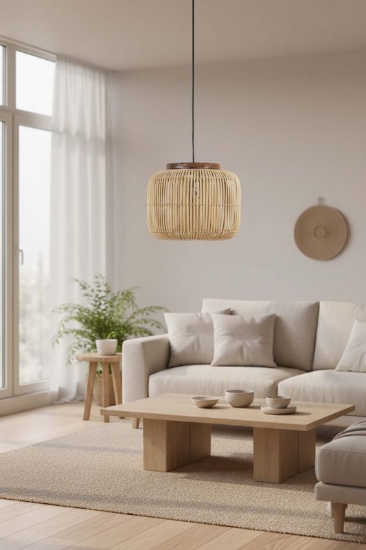 Living Room Beige Rattan Capsule Pendant Light - Warm & Relaxing