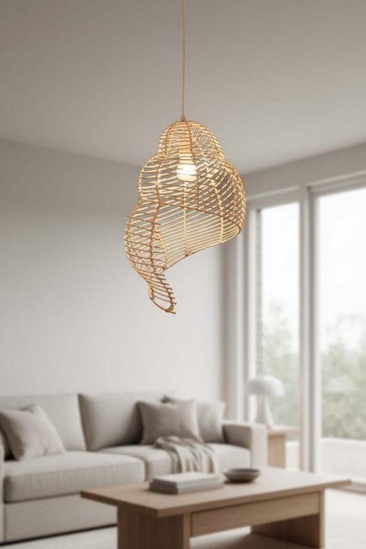 Living Room Beige Rattan Spiral Pendant Light - Cozy & Inviting