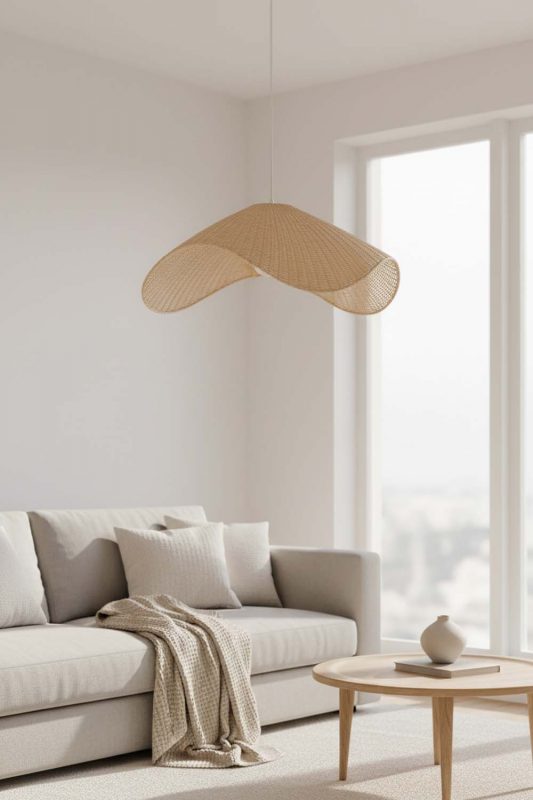 Living Room Beige Rattan Wave Pendant Light - Elegant & Comfortable