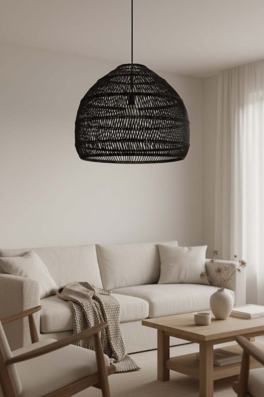 Living Room Black Rattan Cage Pendant Light - Cozy & Inviting