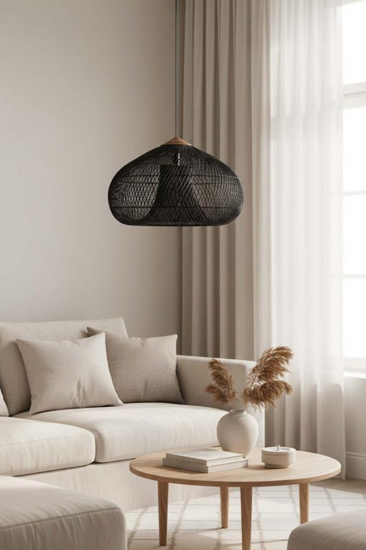 Living Room Black Vintage Wood Rattan Pendant Light - Stylish & Modern