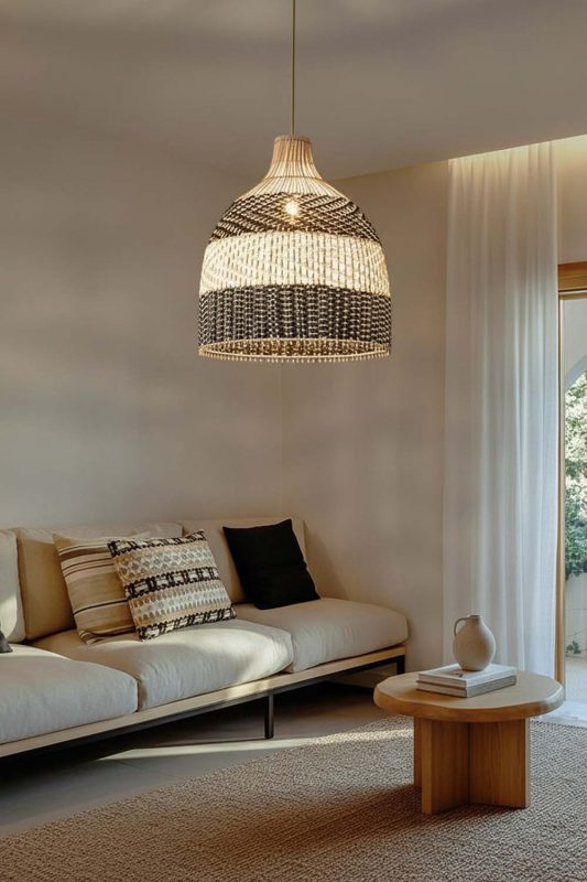 Living Room Black White Dome Rattan Pendant - Aesthetic & Trendy