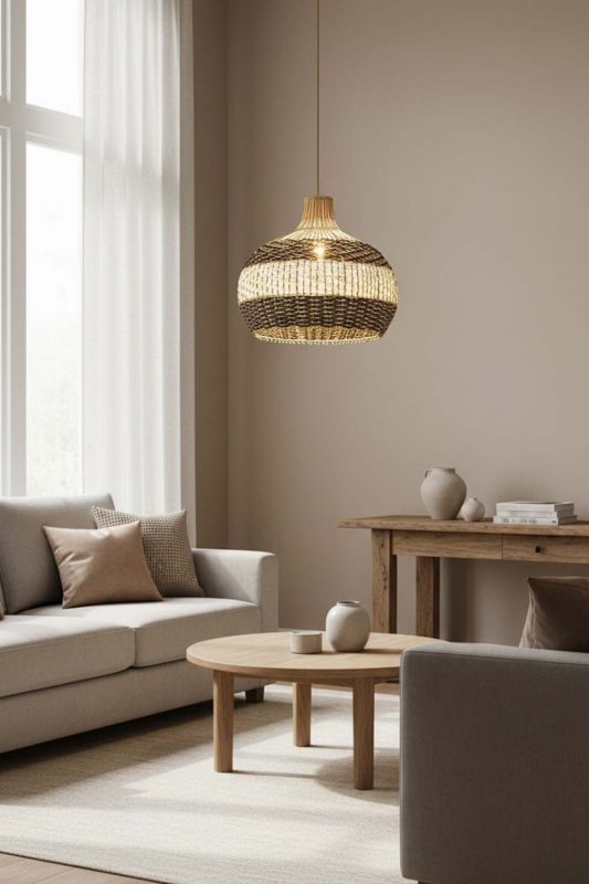 Living Room Black White Round Rattan Pendant - Cozy & Inviting