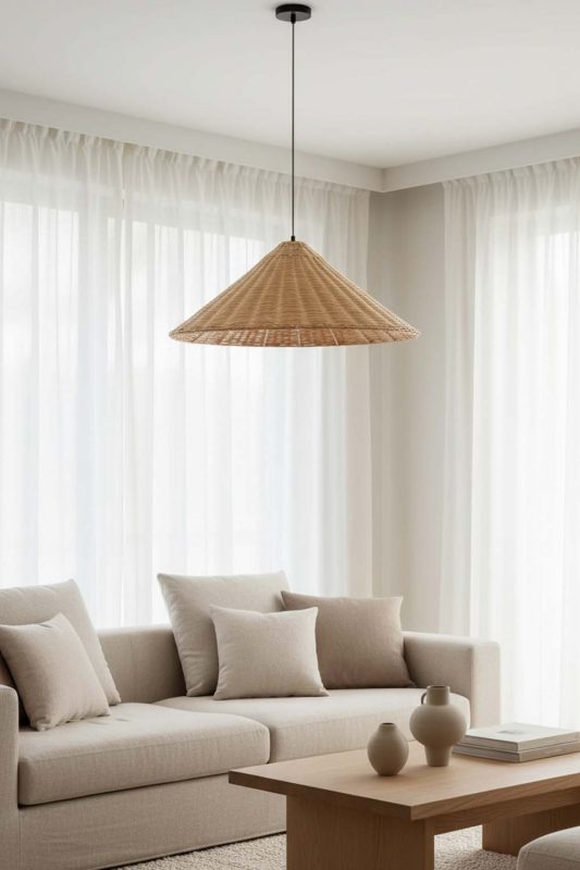 Living Room Brown Rattan Cone Pendant Light - Aesthetic & Trendy