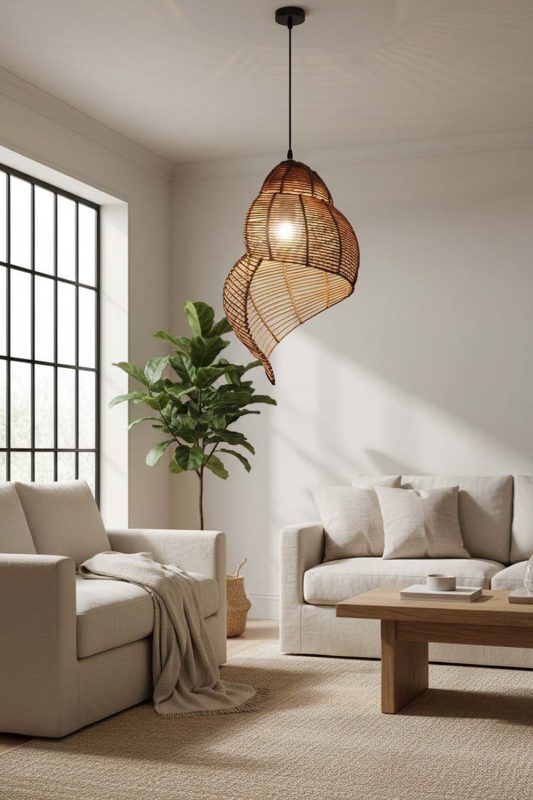 Living Room Brown Rattan Spiral Pendant Light - Aesthetic & Trendy
