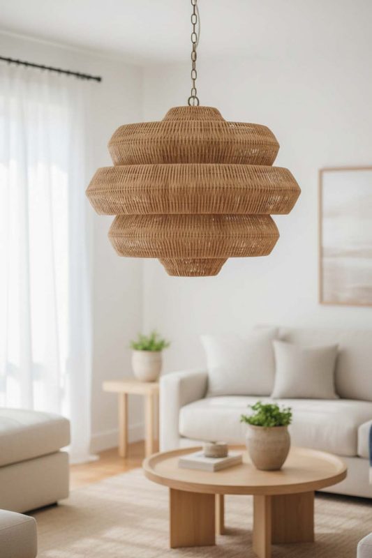 Living Room Brown Tiered Rattan Chandelier - Warm & Relaxing