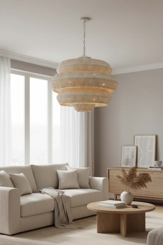 Living Room Natural Tiered Rattan Chandelier - Stylish & Modern
