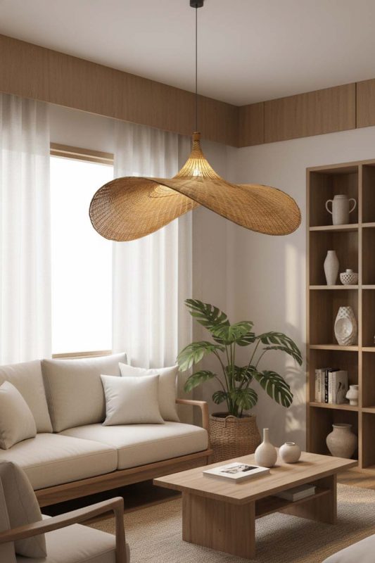 Living Room Rattan Straw Hat Pendant Light - Stylish & Modern