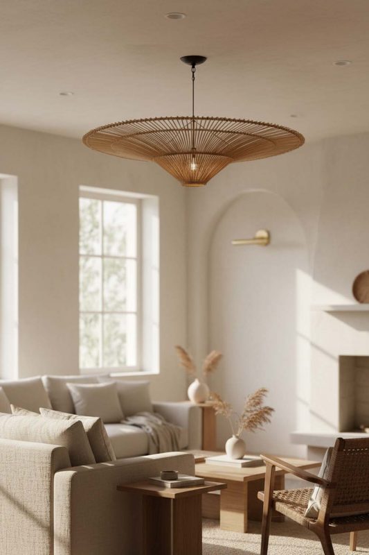 Living Room Rattan Umbrella Pendant Light - Cozy & Inviting