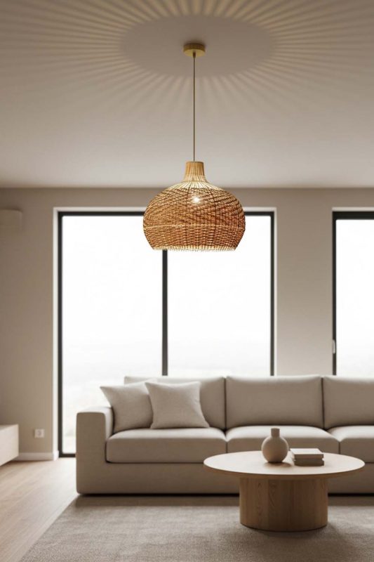 Living Room Red Orange Rattan Pendant Light - Stylish & Modern
