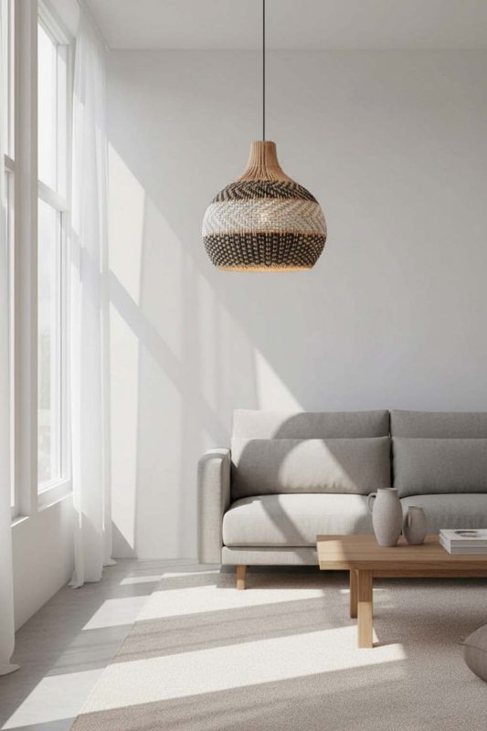 Living Room White Gray Rattan Pendant Light - Cozy & Inviting