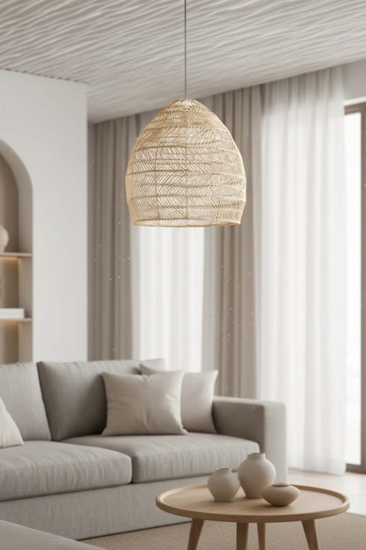 Living Room Wicker Basket Pendant Light Beige Color - Stylish & Modern