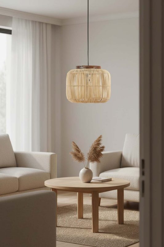 Living Table Beige Rattan Capsule Pendant Light - Sophisticated & Cozy