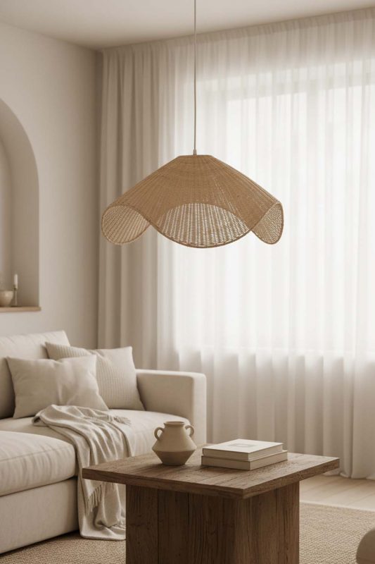 Living Table Beige Rattan Wave Pendant Light - Minimalist & Warm
