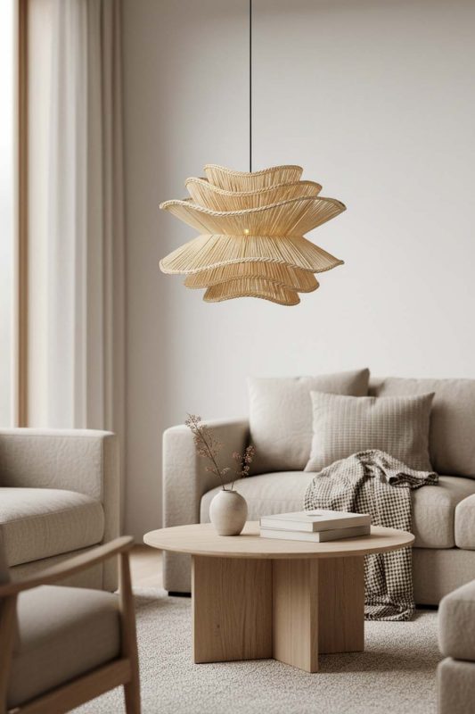 Living Table Beige Vietnamese Flower Rattan Chandelier - Minimalist & Warm